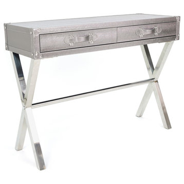 Silver Lizard Leather Console Table With Stainless Steel Legs