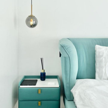 Custom Turquoise Nightstand & Bedroom Lighting Detail