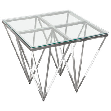 Omni Square End Table With Clear Glass Top, Silver