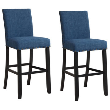 Benzara BM271458 Bar Chair With Fabric Seat and Nailhead Trim, Set of 2, Blue