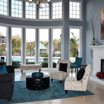 Teal and Red Contemporary Great Room