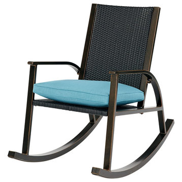 Outdoor Rocking Chair, Aluminum Frame With Cushioned Seat and Wicker Back, Blue