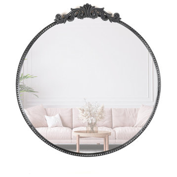30"x31.5" Ornate Round Wall Mirror, Black