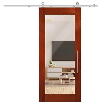 Solid Tropical Oak Sliding Barn Door With Mirror Insert, 28"X82", 28"x82" Inches