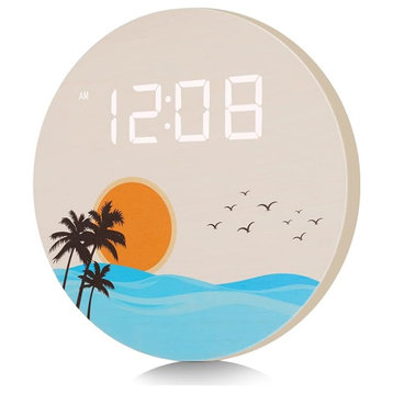 USB Plug in Digital Wall Clock, Sunset Ocean Wave Design