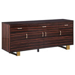 Meridian Furniture - Excel Stainless Steel and Wood Sideboard/Buffet, Brown, Gold Base - Organize flatware and silverware in the three spacious drawers of this Excel sideboard buffet. This beefy sideboard offers room aplenty for holding things you need in the dining roomout of sight and out of mind. The rich brown zebra wood veneer lacquer finish with gold base and handles gives this unit the modern panache needed to mesh with nearly any contemporary dining set. Wood and stainless steel construction ensures lasting beauty and long-lived performance.