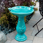 Alpine Corporation - 25" Tall Ceramic Antique Pedestal Birdbath with 2 Bird Figurines, Turquoise - Beckon feathered friends to your yard with the Alpine Corporation Ceramic Antique Pedestal Birdbath with 2 Bird Figurines. Fill the bath with fresh water and enjoy watching all the birds congregate near your patio, garden, deck, yard, or pool! This high-quality birdbath features a gorgeous turquoise hue with an antique finish — great for adding a pop of color to your outdoor décor. It is perfect for pairing with a bird feeder to coax a variety of birds outside your window. The sturdy pedestal keeps the birdbath from tipping over while the ceramic construction withstands weather changes. Your yard will be the delight of humans and winged creatures alike! With a 1-year warranty, you can be confident in the quality of your purchase. Birdbath measures 19"L x 16"W x 25"H for use in yards of any size. Alpine Corporation is one of America's leading designers, importers, and distributors of superior quality home and garden decor products. Alpine Corporation's award winning in-house design team continuously develops new and innovative "statement pieces" for your home and garden. Your indoor and outdoor living spaces will be the envy of the neighborhood with our wide assortment of fresh, fashionable and contemporary products, from beautifully crafted solar garden stakes featuring patented motion and fiber optic lighting technology to beautiful fountains and delightful bird baths and feeders.