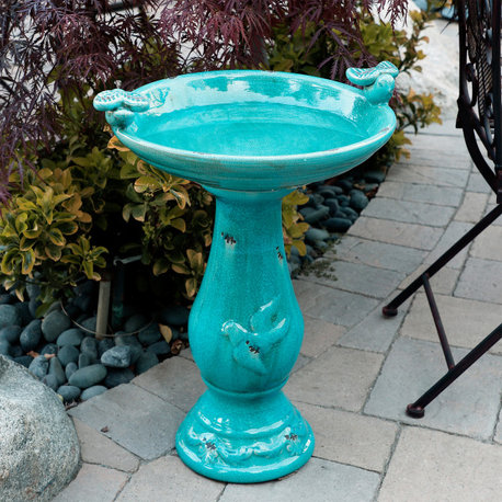 25" Tall Ceramic Antique Pedestal Birdbath with 2 Bird Figurines, Turquoise