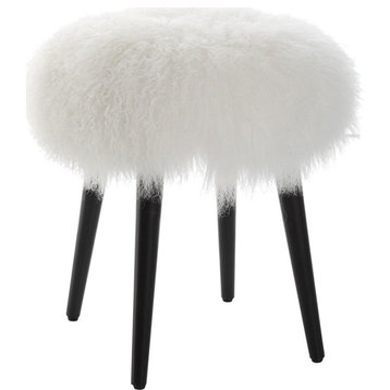 Wooly Ottoman or Stool, White Sheepskin and Matte Black