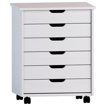 Riverbay Furniture Six Drawer Wide Wood Rolling Cart in White Wash