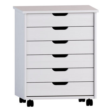Riverbay Furniture Six Drawer Wide Wood Rolling Cart in White Wash