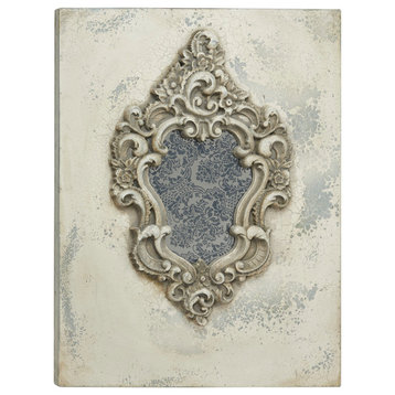 Large Gray and Beige Antique Frame with Damask Print Wooden Wall Plaque
