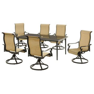 Brigantine 7-Piece Dining Set With Glass-Top Table and Sling Swivel Rockers
