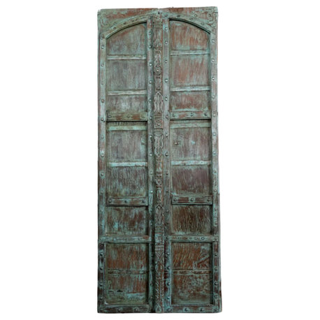 Consigned Antique Teak Doors Rustic Wood Blue Exterior Double Doors 81