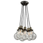 Artcraft Lighting - Edison 5-Light Vintage Brass Chandelier - Retro in style, and elegant by design, the "Edison" collection features a bulb shaped clear glass held by socket covers that are matte black and vintage brass in color. To go with the flow and match the styling, the wires have black textile covers, complimented with a matte black canopy. Multiple sizes available.