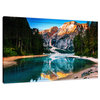 Faux Wood Misty Lake and Snow-cap Mountain Reflections Canvas Prints, 24" X 36"