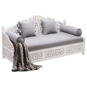 Lace Collection Daybed Sofa Carved White Washed Wood with Throw Pillows