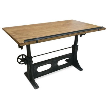 Industrial Adjustable Height Drafting Desk - Tilting Top - Cast Iron Base