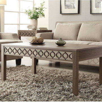 Office Star Helena Coffee Table in Greco Oak with Mirror Accent Panel