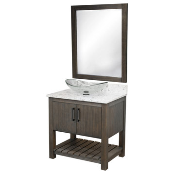 30" Vanity, Cafe Mocha Quartz Top, Sink, Drain, Mounting Ring, and P-Trap, Matte Black, Mirror Included