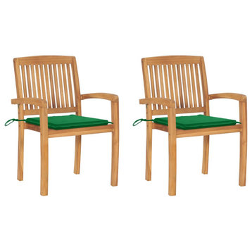vidaXL 2x Solid Teak Wood Patio Chairs with Green Cushions Garden Seating