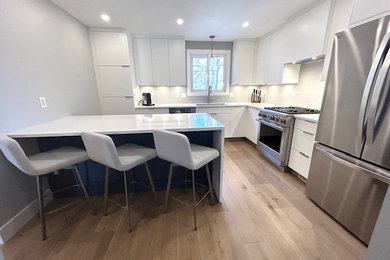 Enclosed kitchen - mid-sized contemporary l-shaped light wood floor and brown floor enclosed kitchen idea in Ottawa with a single-bowl sink, flat-panel cabinets, white cabinets, quartz countertops, gray backsplash, ceramic backsplash, stainless steel appliances, a peninsula and white countertops