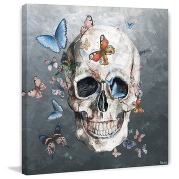 "Tinted Happy Butterfly Skull" Painting Print on Wrapped Canvas, 18"x18"