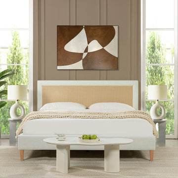 Haley Upholstered Cane-Back Platform Bed, King, Snow White