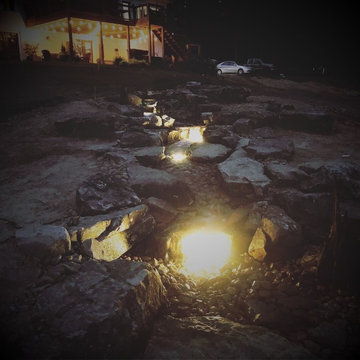 Pondless Water Feature/Flagstone Patio and Fire Pit/Mossrock Seating Wall