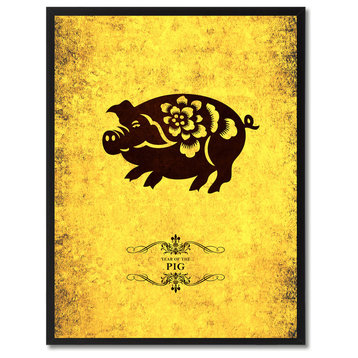 Pig Chinese Zodiac Yellow Print on Canvas with Picture Frame, 13"x17"