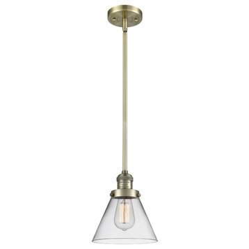 1-Light Large Cone 8" Pendant, Antique Brass, Glass: Clear