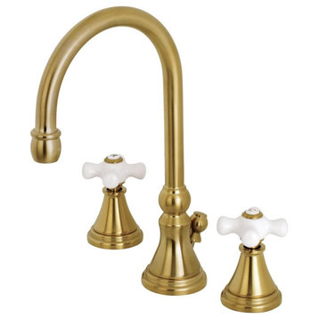 Widespread Bathroom Faucet, Curved Spout & Dual Crossed Handles, Brushed Brass