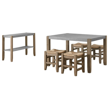 Newport 6-Piece Wood Dining Set, Table, Four Stools and Side Buffet Table