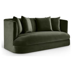 Meridian Furniture - Alder Upholstered Chair, Green, Velvet, Loveseat - The Alder green velvet upholstered loveseat is an invitation to relax. Its rounded silhouette and soft velvet upholstery create a cozy and inviting space, ideal for relaxing with a loved one. Whether you're hosting guests or enjoying a quiet evening, this loveseat brings comfort and bold style to any room.