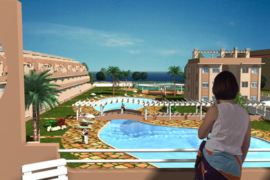 Modelo de fachada multicolor mediterránea grande de tres plantas con revestimiento de estuco y tejado plano