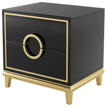 Modern Nightstand with 2 Drawers in Gold Finish Square Bedside Table, Black