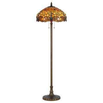 60W Tiffany Floor Lamp Zinc Cast Base, Antique Brass Finish