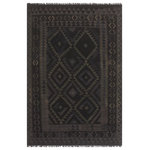 Bareens Designer Rugs - Southwestern Turkish Kilim Frankie Hand-Woven Wool Rug - 5'0'' x 6'5'' - Elevate the elegance of your home with this stunning hand-woven tribal Kilim wool rug. Meticulously crafted on a loom by the Nomad Turkman people using hand-spun wool and 100% natural vegetable dyes, these rugs are recognized for their repetitive geometric patterns, incorporating naturalistic floral and traditional designs. The contemporary fashion palette results in bold, sharp patterns that are incredibly versatile, as the pattern is the same on both sides. These reversible rugs feature a lighter shade on one side and brighter colors on the other, providing versatility according to preference. These unique rugs are made by knotting short strands of different colors onto the warps and securing them by tightly pressing the wefts. The designs are created by interweaving the various colored wefts and warps. Kilims are known for their exceptional durability and versatility, making them truly unique rugs.  Product Details    Rug Size: 5'0'' x 6'5''  Material: 100% Wool  Style: Kilim, Flat Weave, Dhurrie, Turkish, Southwestern, Rustic, Tribal  Colors: Black, Blue  Weave Type: Hand-Woven, Handmade  Pile Height: Less than 0.25 inch