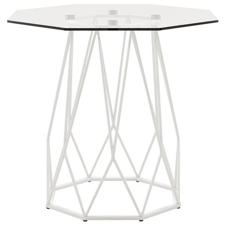 Contemporary End Table with Geometric Metal Base & Clear Tempered Glass Top, White