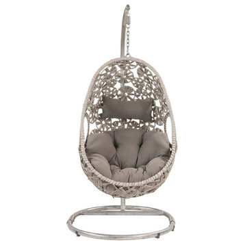 Benzara BM269031 Patio Hanging Chair With Open Circular Motifs, Gray