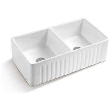 33" White Fireclay Double Basin Farmhouse Kitchen Sink-Reversible Design