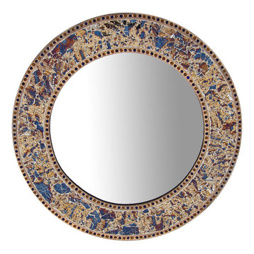 Decorative Round Framed Wall Mirror Glass Mosaic, 24", Fired Gold