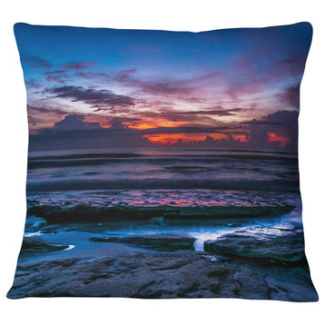 Exotic Dark Blue Coquina Dawn Beach Photo Throw Pillow, 18"x18"