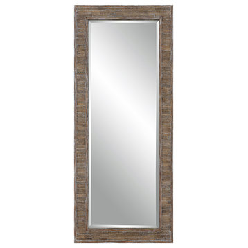 Strips Of Distressed Weathered Pine, Creating An Aged Wood Frame. Mirror