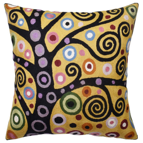 Klimt Yellow Pillow Cover Chair Soulful Tree of Life Hand Embroidered Wool 18x18