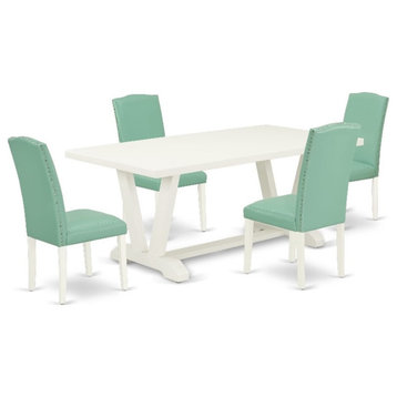 V027EN257-5 - Wooden Table and 4 Pond PU Leather Chairs - Linen White Finish