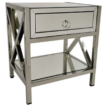Clarity Side table with X design 19.5Wx15.5Dx22"H in chrome and clear mirror