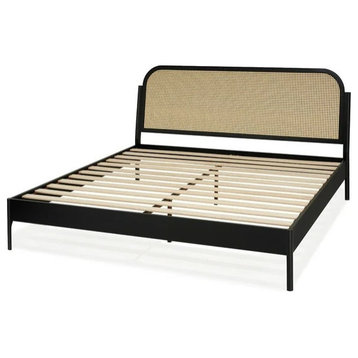 Modern Bohemian Platform Bed, Acacia Frame With Rattan Headboard, Black, King