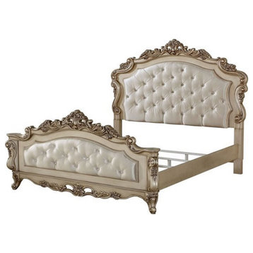 ACME Gorsedd Tufted Eastern King Panel Bed in Cream Fabric and Golden Ivory