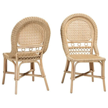 Set of 2 Dining Chair, Interwoven Rattan Frame With Crossed Support, Natural